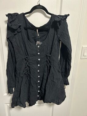 Black Button-Front Ruffle In the mood for frills dress - Free People - Small